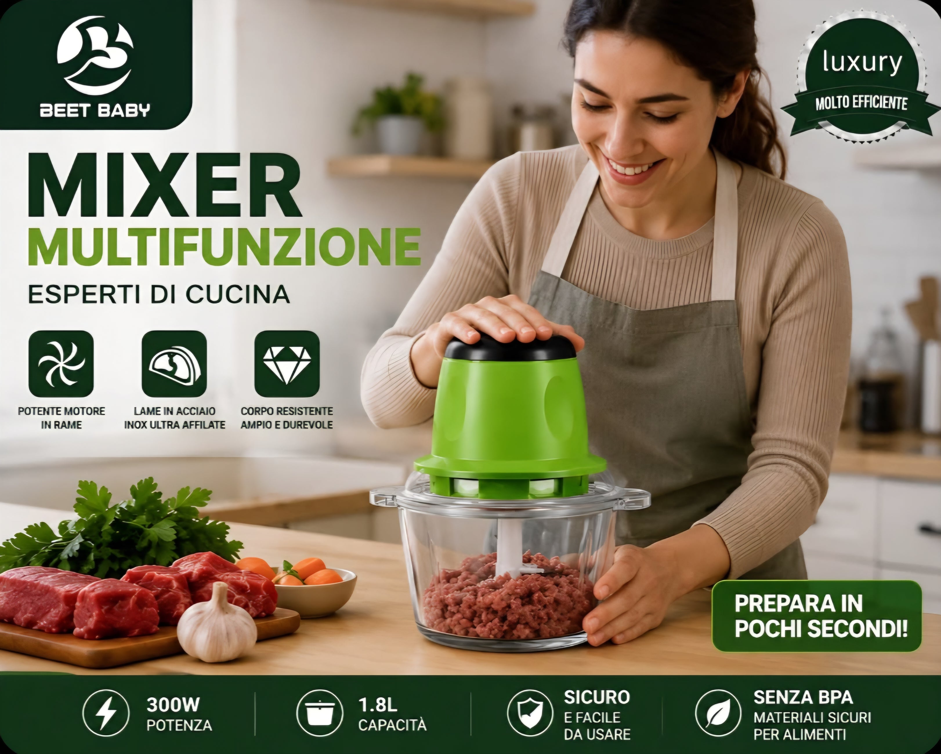 Beet Baby Electric Food Chopper | 300W Meat & Vegetable Mini Food Processor | 1.8L Glass Bowl
