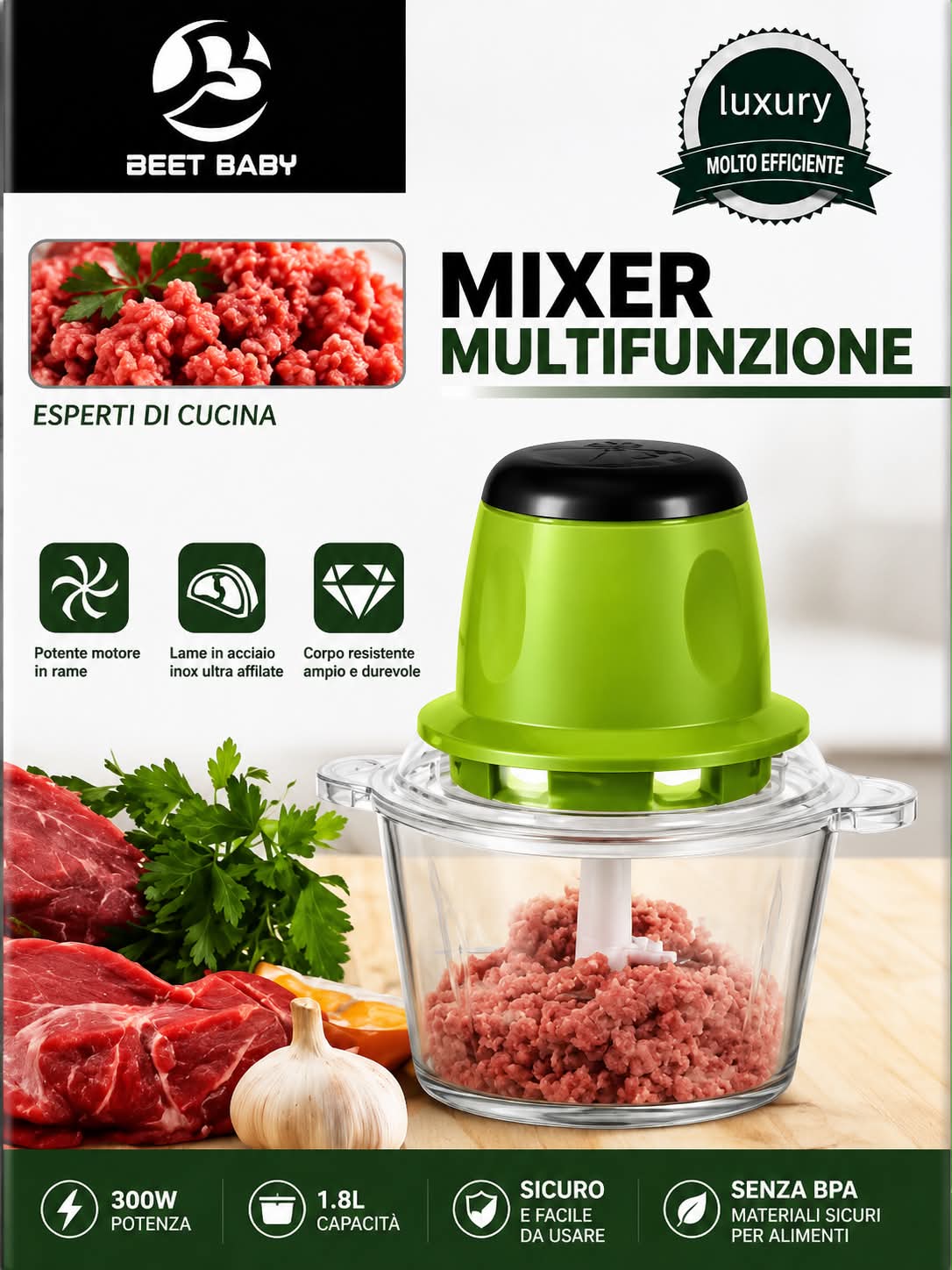 Beet Baby Electric Food Chopper | 300W Meat & Vegetable Mini Food Processor | 1.8L Glass Bowl